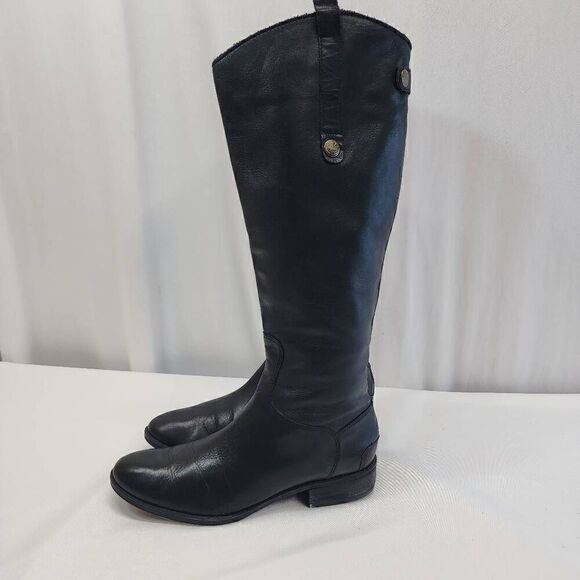 Sam Edelman Size 8.5 Penny Riding Boots Black Leather Knee High Zip Snap Block H - Picture 4 of 10